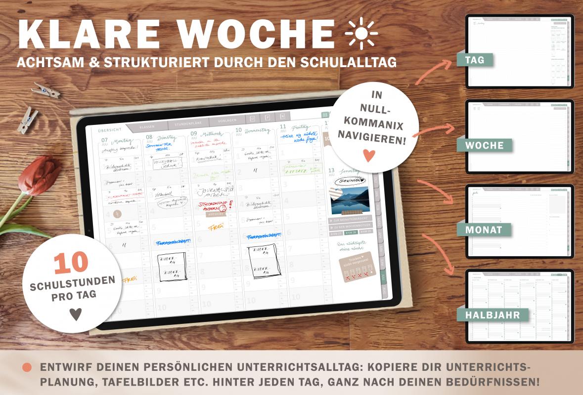 Detailansicht Wochenplanung, digitaler Lehrerkalender 2024 2025 mit extra Notizseiten für jeden Tag und jede Woche